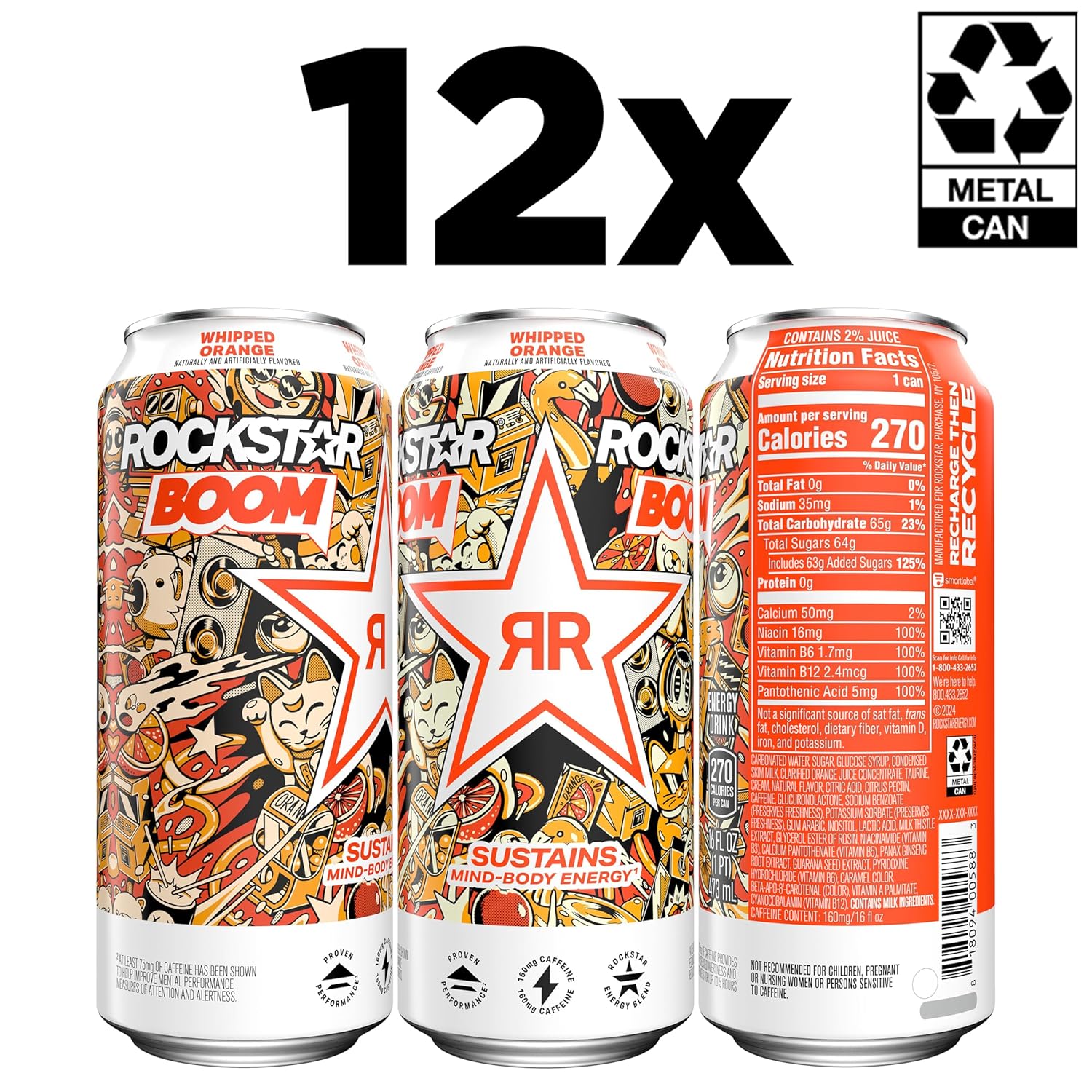 Rockstar Energy Drink Boom Whipped Orange, 16 Fl Oz (Pack of 12)