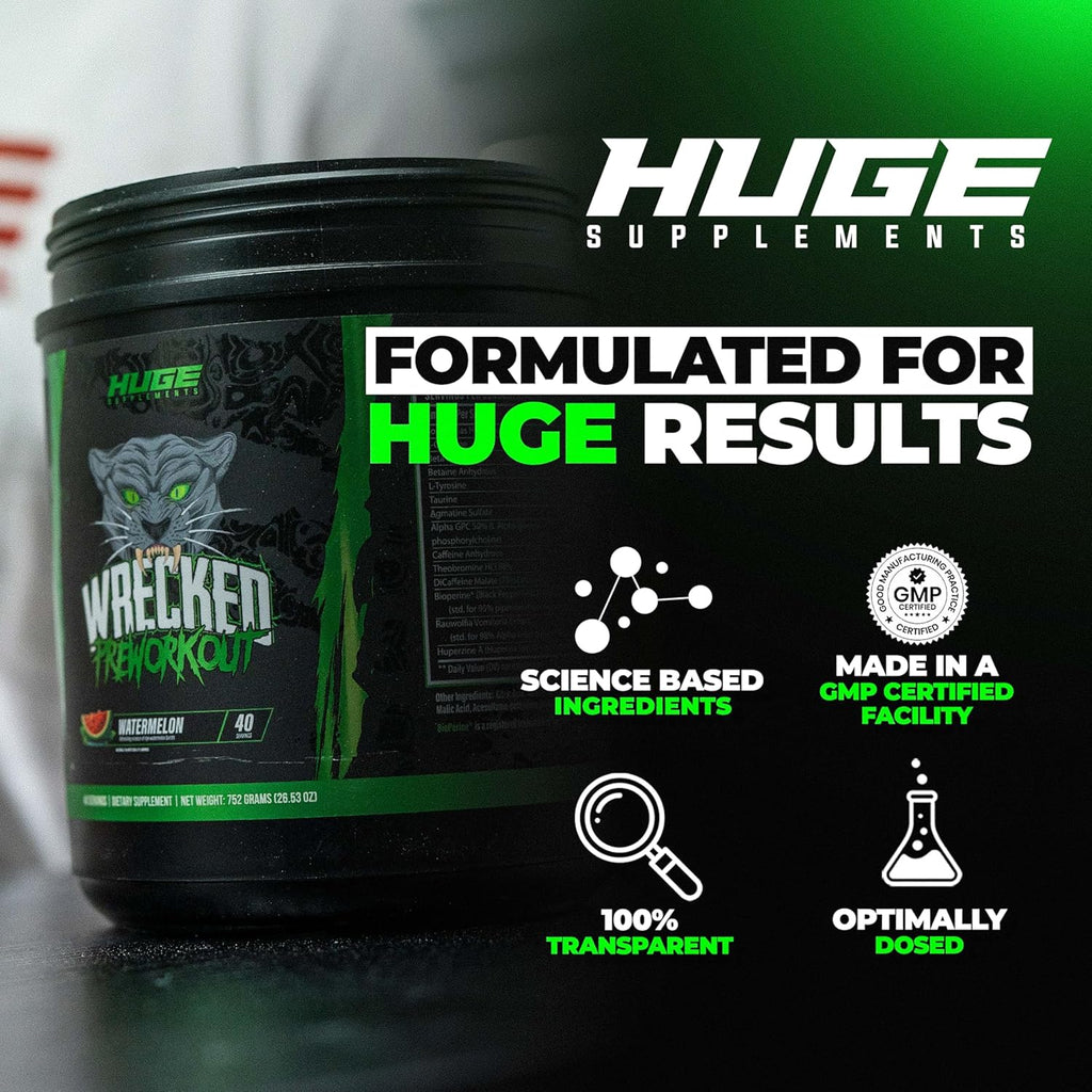 Wrecked Pre Workout Powder, Advanced Formula, Boosts Energy, Focus, Pumps & Performance, 10g L-Citrulline, 6.4g Beta Alanine, 5g Tyrosine, 1g Alpha GPC, 375mg Fast-Acting Caffeine & More (Watermelon)