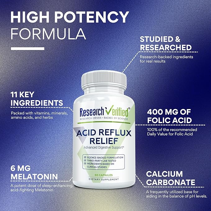 Research Verified Acid Reflux Relief - Soothe GI Problems - Melatonin, 5-HTP, Marshmallow Root - 60 Capsules - Vegan
