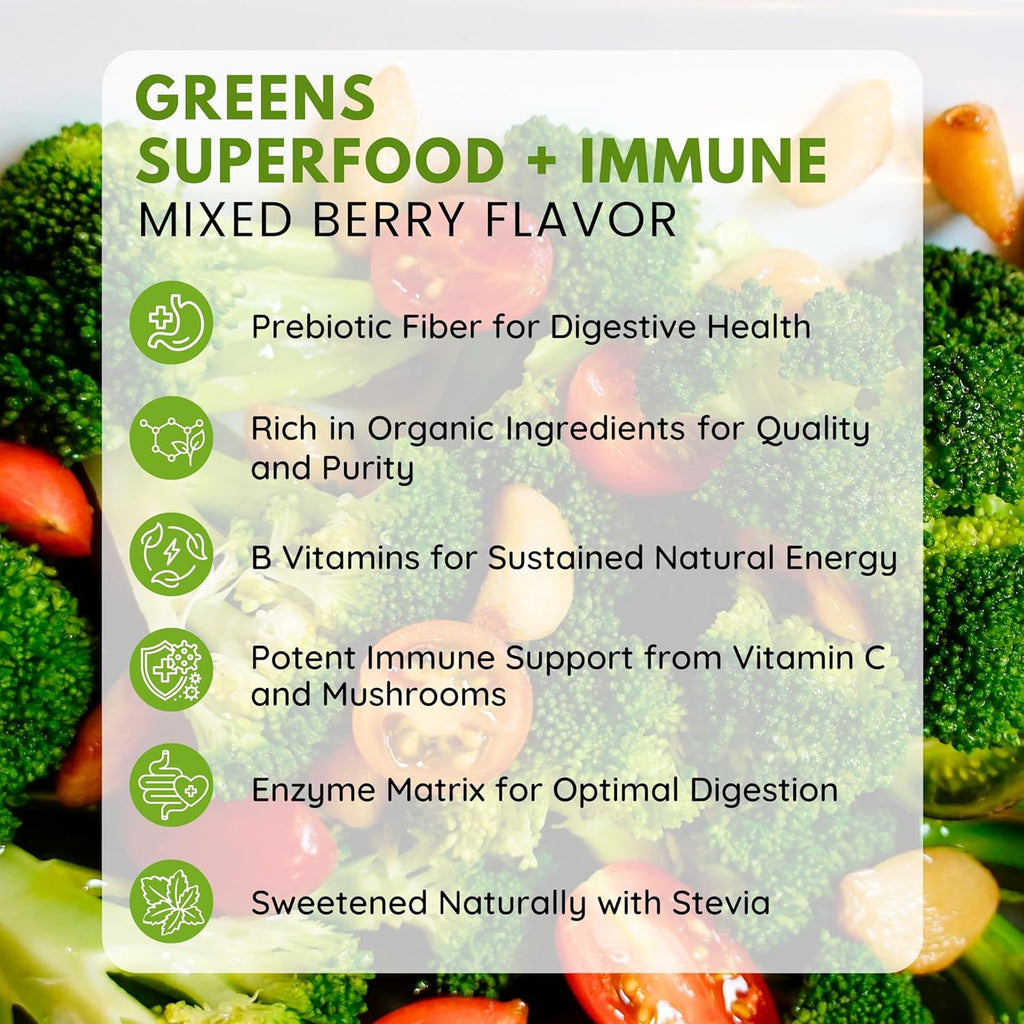 Greens Powder Immune Support, Superfood Blend with 20 Organic Greens & Superfruits, Boost Energy Level, Digestive Enzymes & Prebiotic Blend, Natural Mixed Berry Flavor (9.5 Oz)