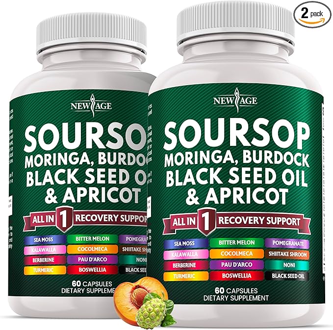 Soursop Supplement - Moringa, Sea Moss, Black Seed Oil, Berberine, Turmeric, Apricot, Quercetin, Greens, Bitters, Boswellia, Bitter Melon, Burdock Root - 120 Capsules