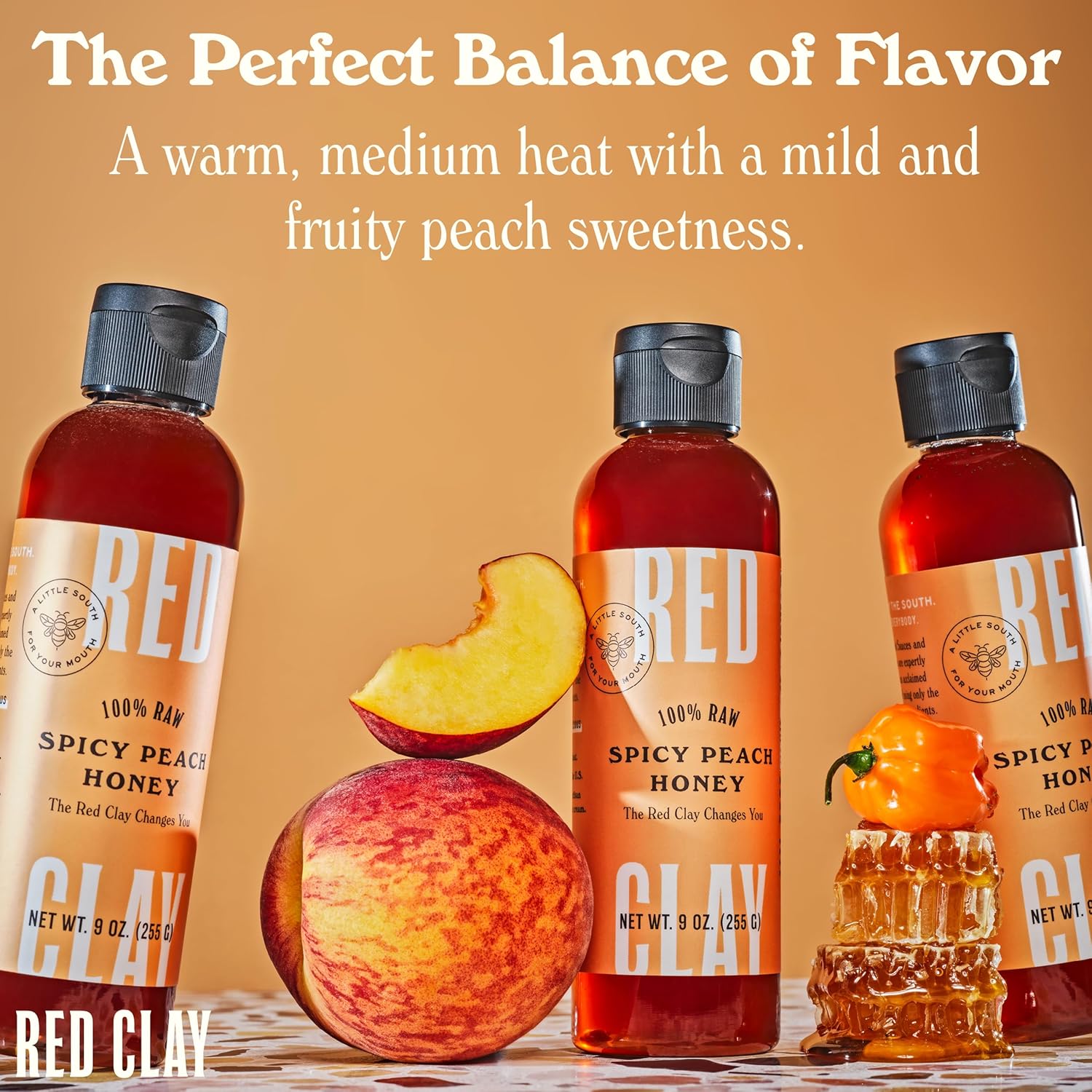 Hot Spicy Peach Honey by Red Clay Hot Sauce, Gluten Free, Paleo Friendly, Raw Wildflower Honey Infused with Real Peach Juice and Habanero Peppers, Sustainably Sourced, Medium Heat, Made in USA, 9 oz