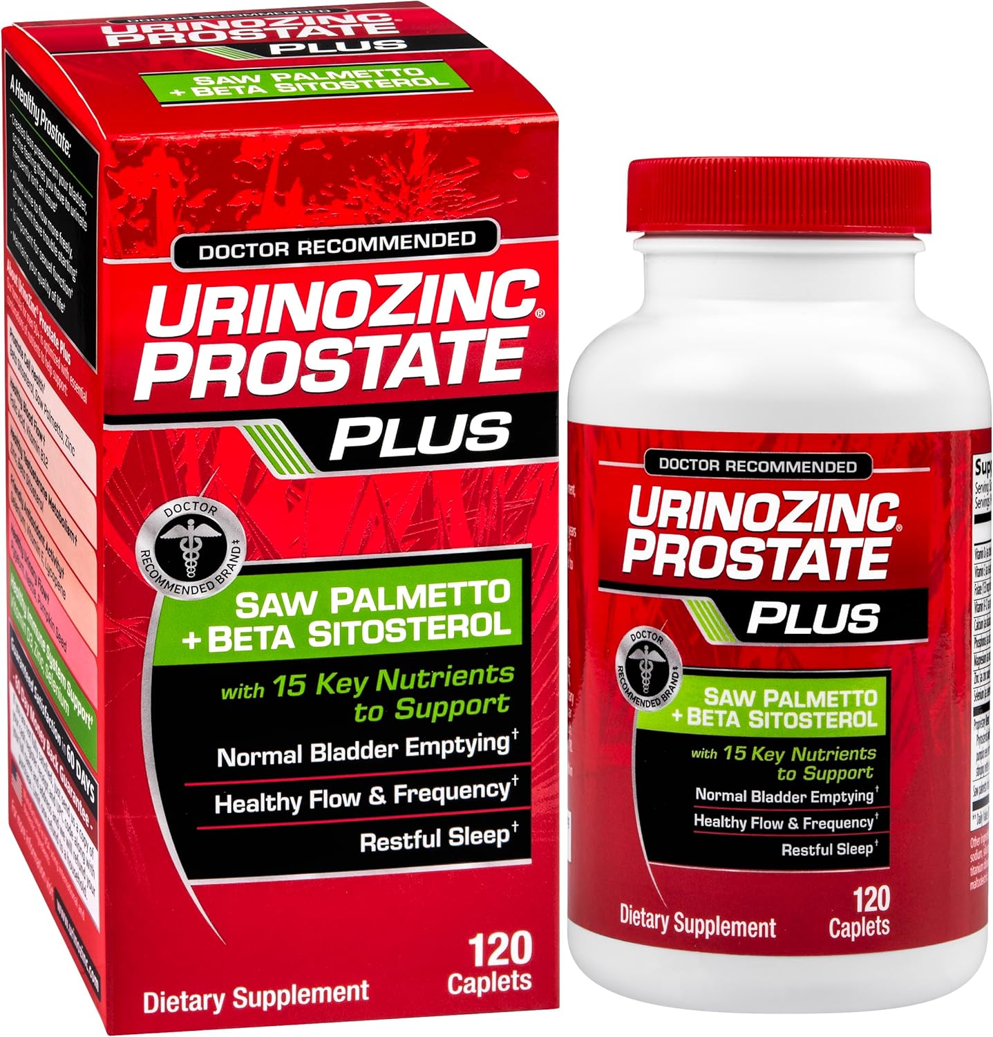 Urinozinc Prostate Plus, Saw Palmetto & Beta Sitosterol Supplement for Men, Reduce Frequent Urination (2 Month Supply, 120 Count)