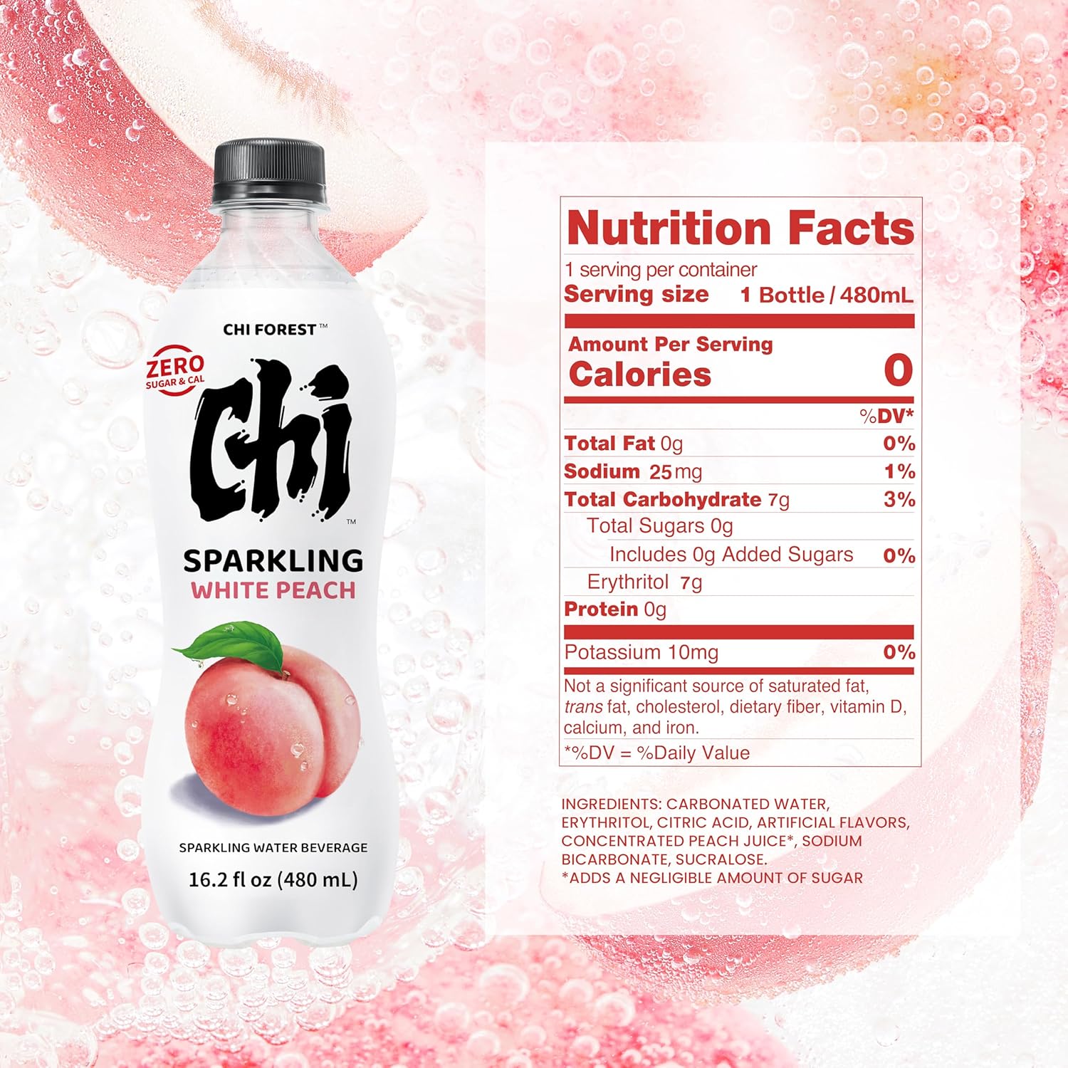 CHI FOREST Flavored Sparkling Water Beverage, White Peach, Zero Sugar, 16.2 fl oz Bottles (pack of 15)