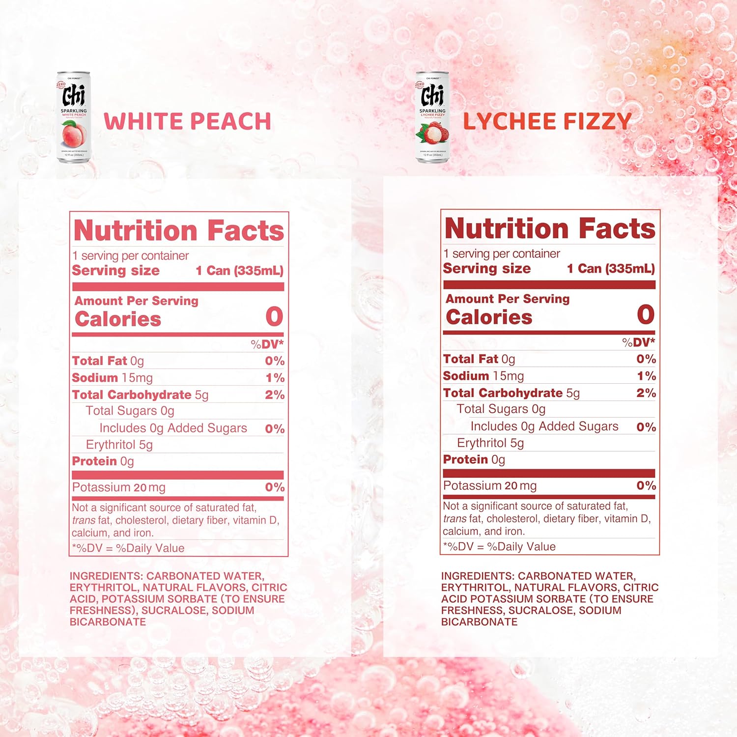 CHI FOREST Sparkling Water Beverage, Lychee & White Peach, 2 Flavors, Zero Sugar, 12 fl oz Cans (Pack of 24)