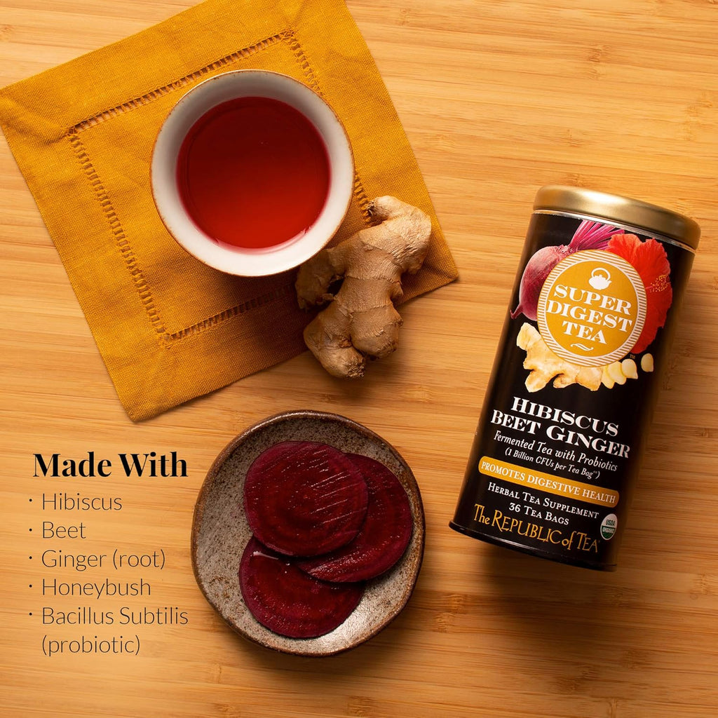 The Republic of Tea Organic Hibiscus Beet Ginger SuperDigest Tea® Herbal | Probiotic Tea Bag (36 count)