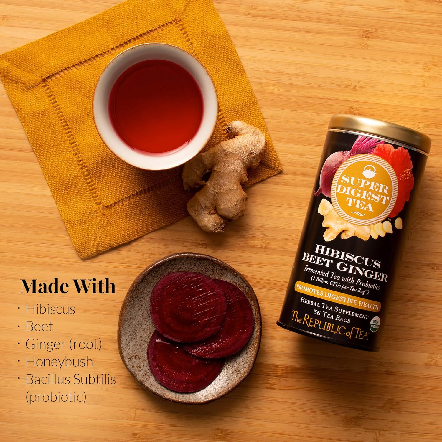 The Republic of Tea Organic Hibiscus Beet Ginger SuperDigest Tea® Herbal | Probiotic Tea Bag (36 count)