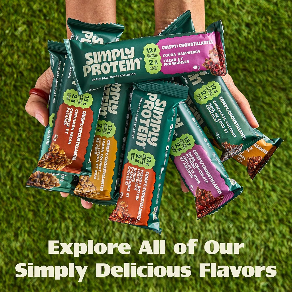 Simply Protein - Peanut Butter Chocolate Crispy Bars - Plant Based Protein Bars - Low Carb, Low Sugar, High Fiber - 13g Protein, 2g Sugar, 7g Fiber - Vegan, Gluten Free, Non GMO, Kosher - 8 Bars
