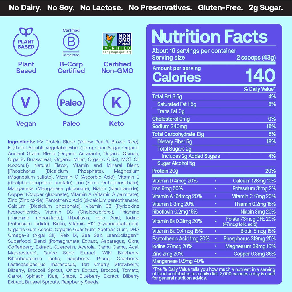 Happy Viking Vanilla Plant Protein Powder, Created by Venus Williams, 20G Protein, Low Carb, Keto, Vegan, Gluten-Free, Non-GMO, Superfoods, Complete Meal Replacement, 1 Canister (24 oz.)