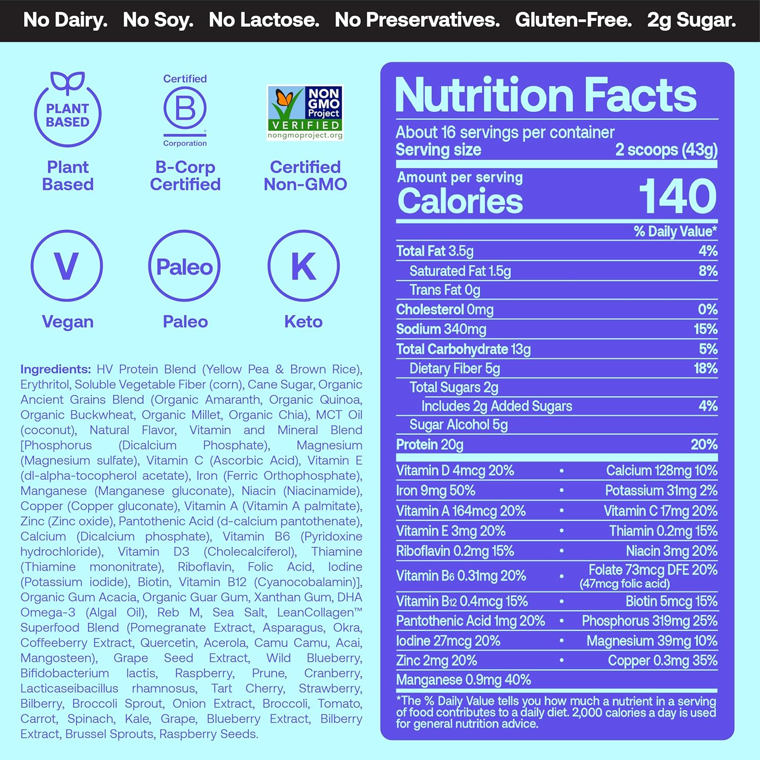 Happy Viking Vanilla Plant Protein Powder, Created by Venus Williams, 20G Protein, Low Carb, Keto, Vegan, Gluten-Free, Non-GMO, Superfoods, Complete Meal Replacement, 1 Canister (24 oz.)