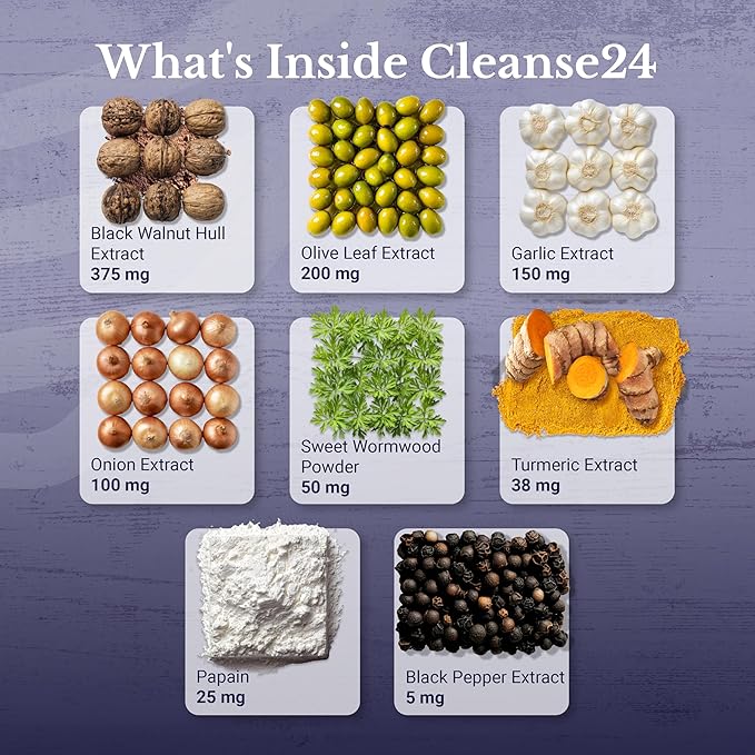 Cleanse24 - Gut Cleanse & Digestive Support Supplement - with Onion, Garlic, Turmeric, Papaya, Black Walnut, Sweet Wormwood Powder, Olive Leaf Extract - 180 Capsules