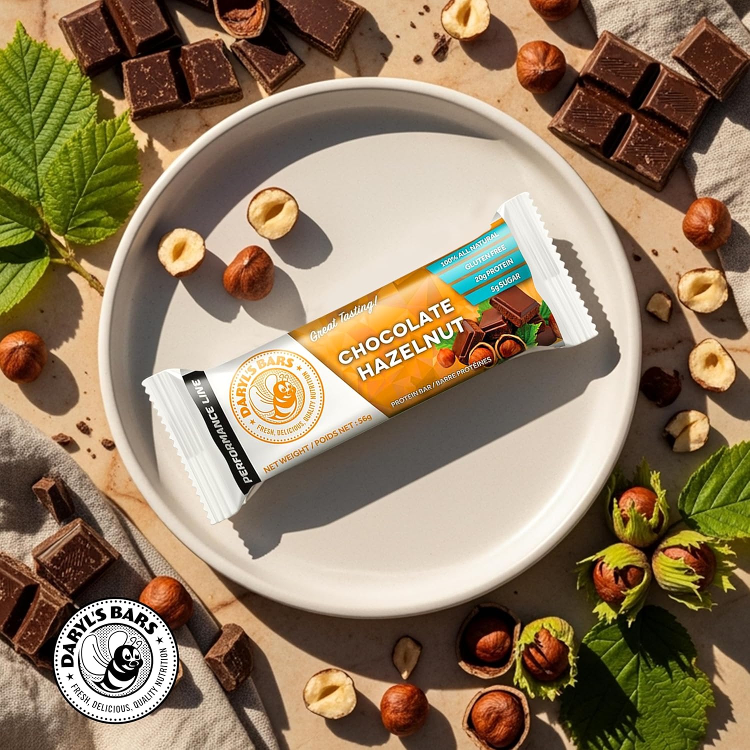 Daryl's Bars, Chocolate Hazelnut On the Go Whey Protein Bars, Gluten Free, 20gr of Protein Snack, Meal Replacement, Pack of 1