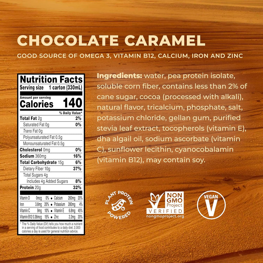 Evolve Plant Based Protein Shake, Chocolate Caramel, 20g Vegan Protein, Dairy Free, No Artificial Sweeteners, Non-GMO, 10g Fiber, 11oz, (12 Pack)