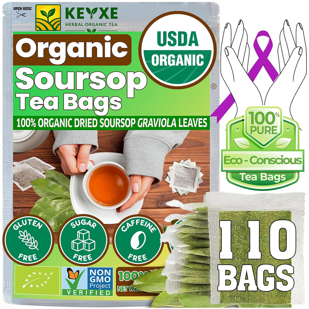 KEYXE - USDA Organic Soursop Graviola Leaves Tea 110 Bags. Non-GMO Verified, 100% Organic Soursop Leaves for Gluten Free, Caffein Free, Hojas De Guanabana Tea Organica, Eco-Conscious Tea Bags