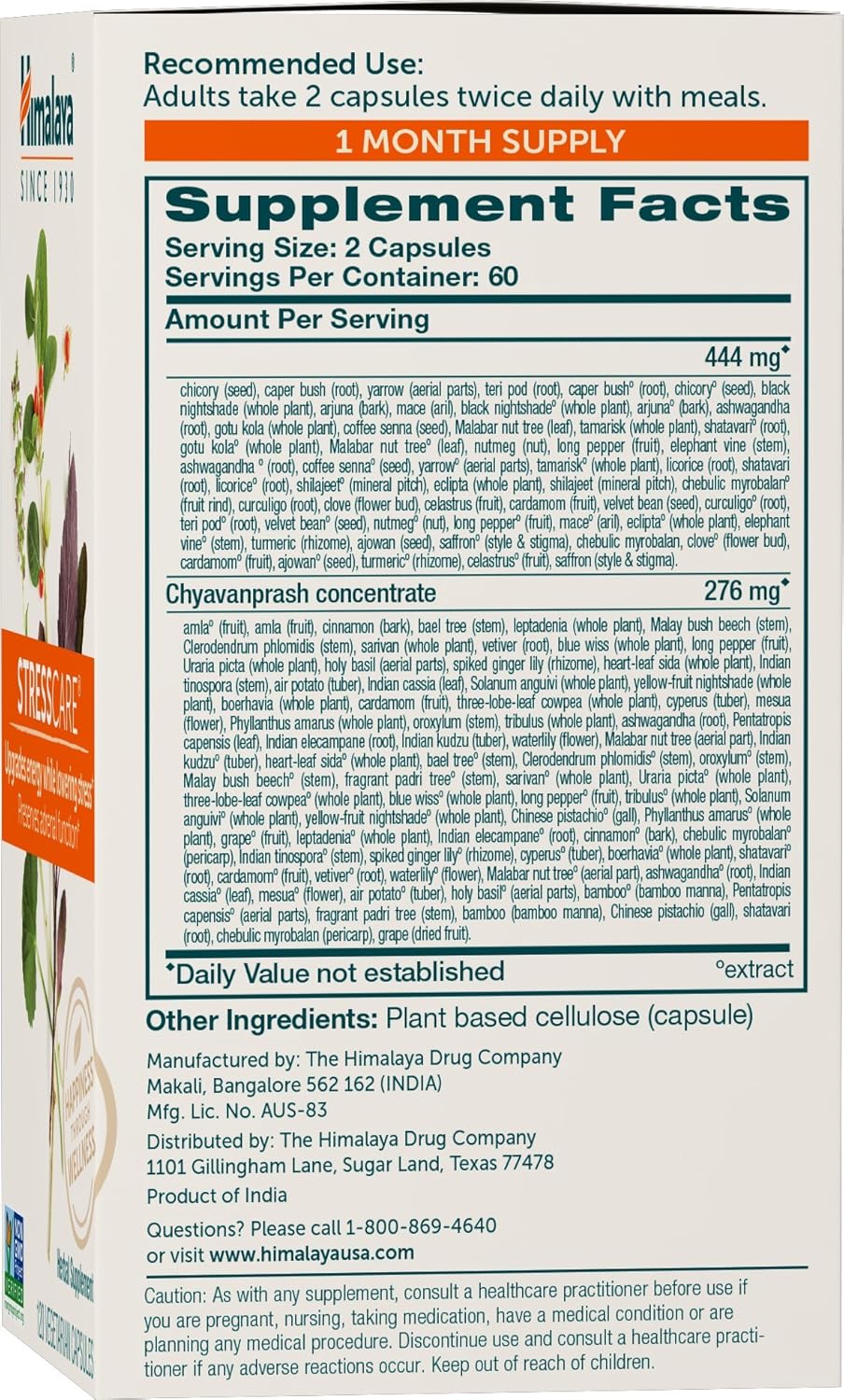 Himalaya StressCare, 30 Day Supply - Herbal Adrenal Support for Calming Relaxation, Stress Relief, Energy Support and Occasional Sleeplessness - Vegan, Non-GMO, Gluten Free, 120 Capsules