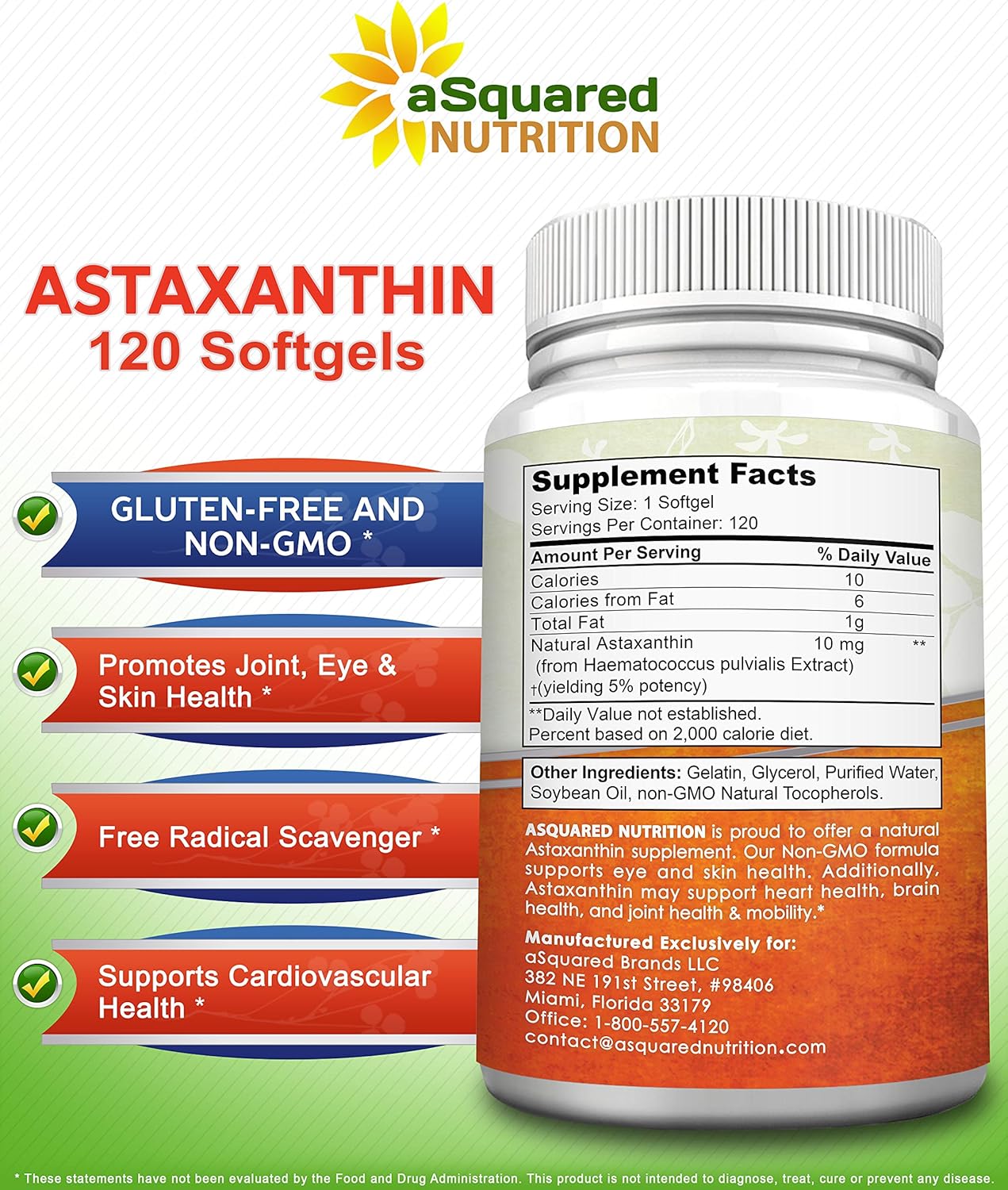 aSquared Nutrition Astaxanthin Supplement - Natural Astaxanthin Pills from Haematococcus Pluvialis Extract for Pure Energy - Max Strength 10mg - 120 Softgels