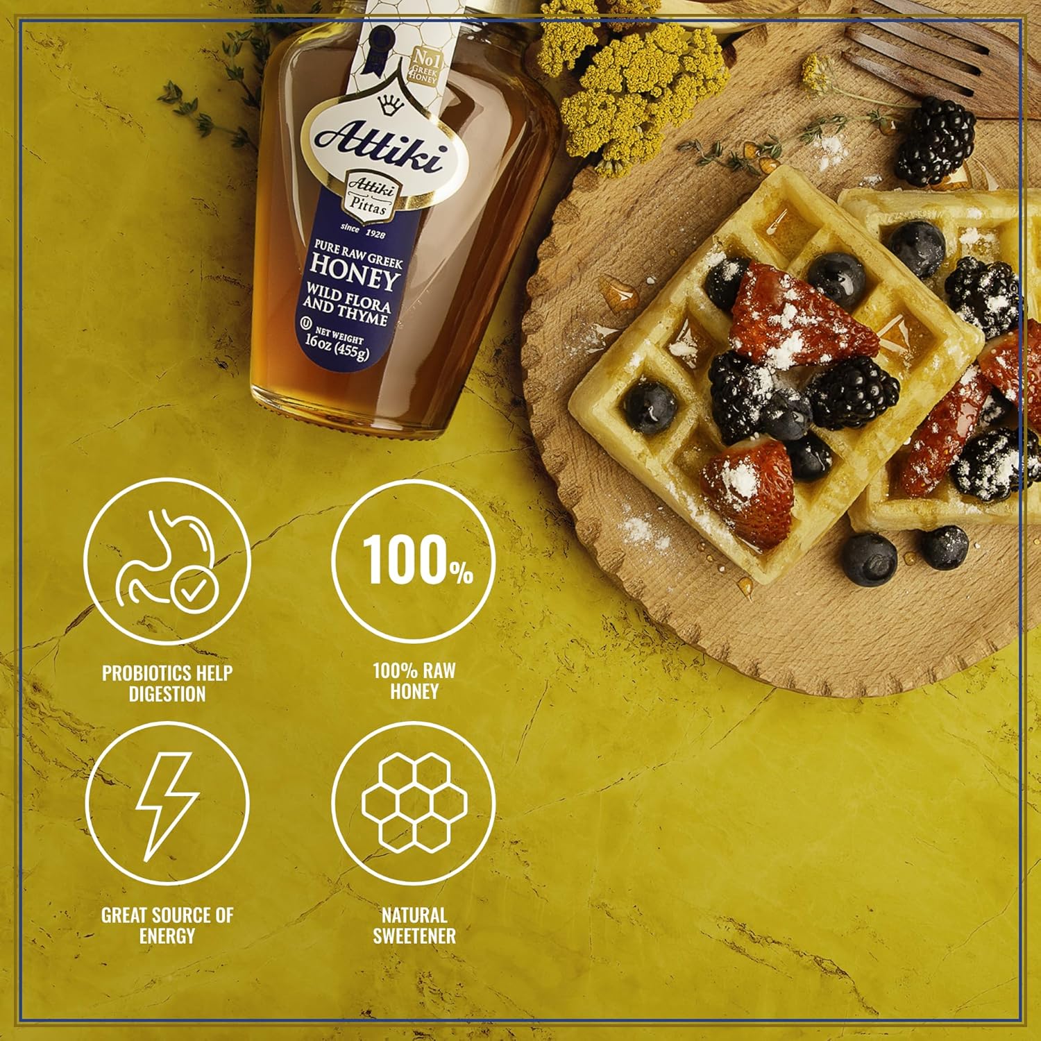 Attiki Pure Greek Honey with Wild Flora and Thyme, Perfect for Baking, Cooking, Lemonade and Tea, 16 oz (453 grams), Glass Jar
