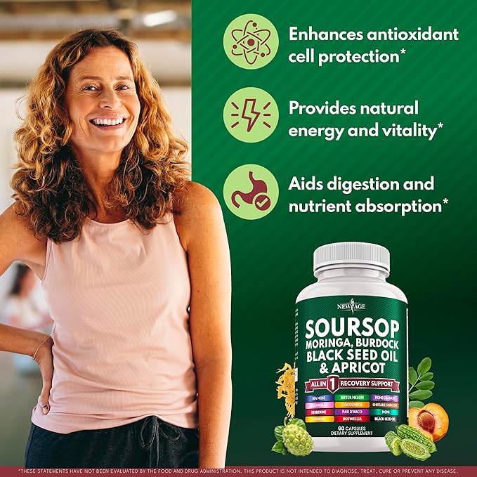 Soursop Supplement - Moringa, Sea Moss, Black Seed Oil, Berberine, Turmeric, Apricot, Quercetin, Greens, Bitters, Boswellia, Bitter Melon, Burdock Root - 120 Capsules