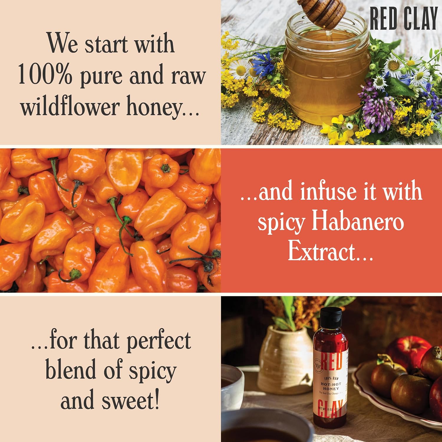 Red Clay Hot Honey - Gluten Free - Paleo Spicy Honey - 100% Pure, Raw Wildflower Honey - Infused Honey with Habanero Peppers - Sweet with a Kick of Heat - Great for Spicy Pizza Topping & More - 9 oz