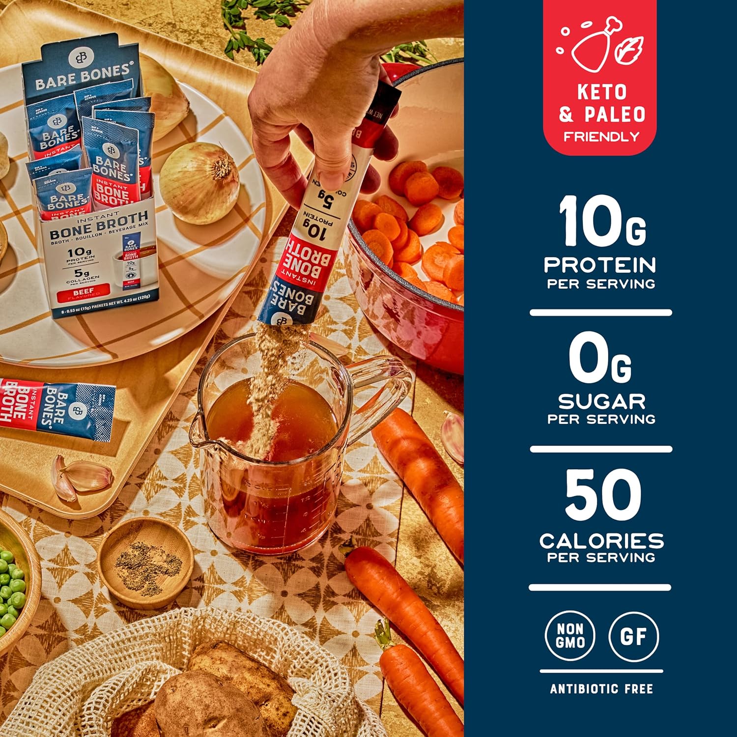 Bare Bones Beef Bone Broth Instant Powdered Mix | Rich Savory Packets on-the-Go No Artificial Flavors | 100% Grass Fed Keto & Paleo Friendly | Sticks 10g Protein | 32 Pack