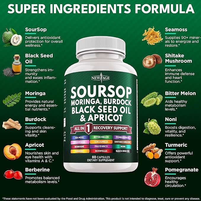 Soursop Supplement - Moringa, Sea Moss, Black Seed Oil, Berberine, Turmeric, Apricot, Quercetin, Greens, Bitters, Boswellia, Bitter Melon, Burdock Root - 120 Capsules