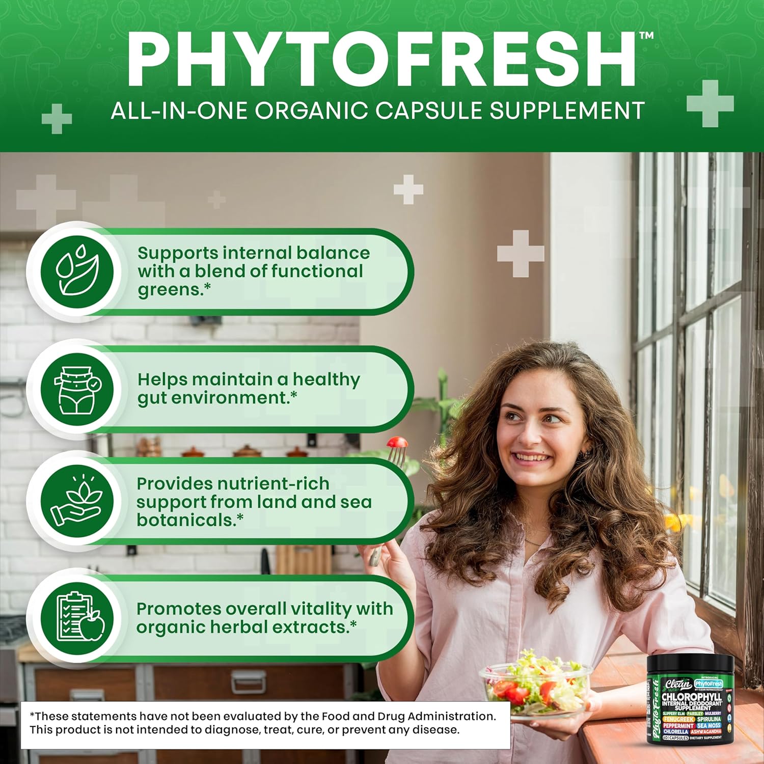 Clean Nutra Chlorophyll Capsules Supplement Internal Deodorant Peppermint, Sea Moss, Parsley, Chlorella, Spirulina, Slippery Elm, Ashwagandha, PhytoFresh Greens Detox Pills
