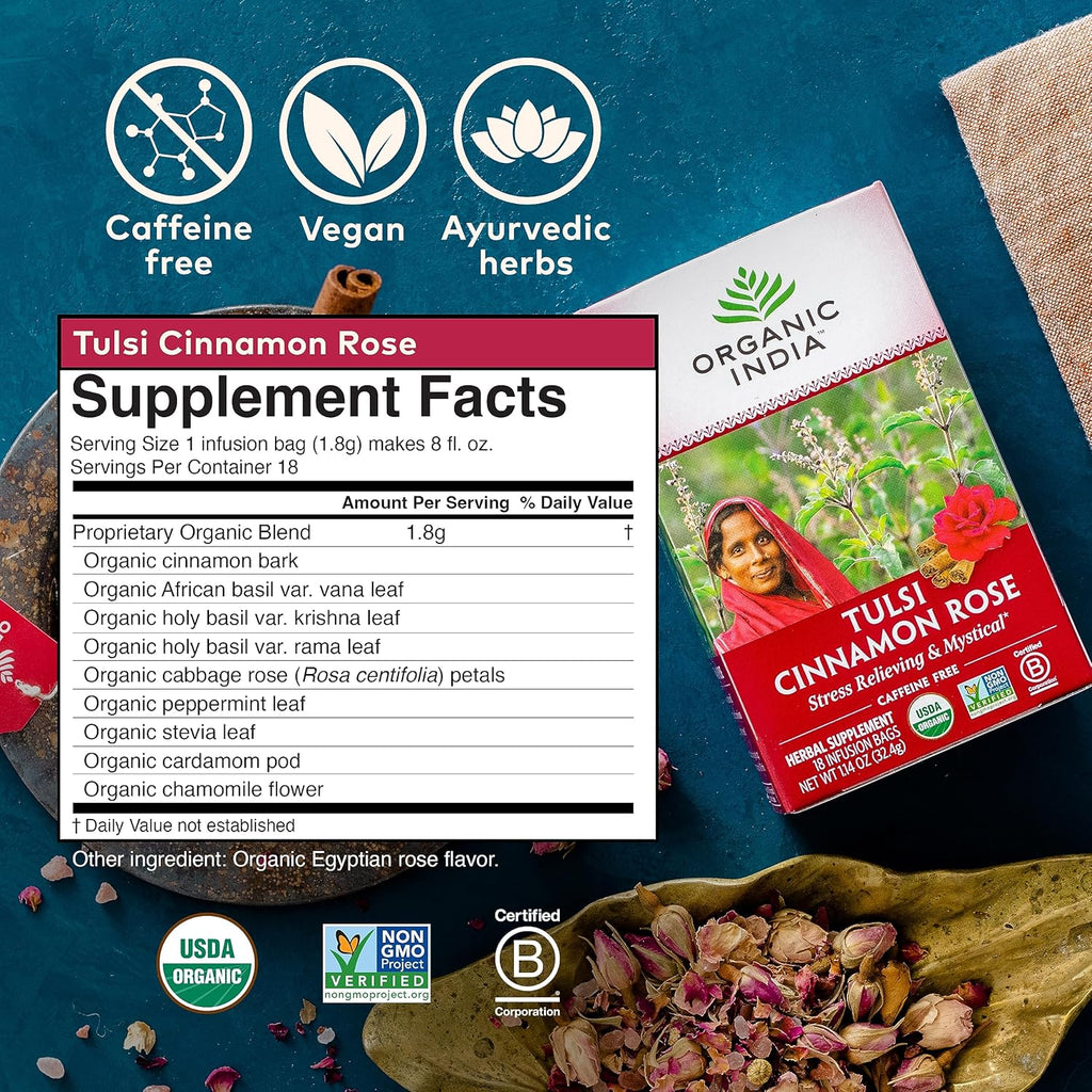 ORGANIC INDIA Tulsi Cinnamon Rose Tea - Tulsi Rose Tea Bags, Cinnamon Tea Bags w/Holy Basil, Chamomile, Caffeine Free - 18 Infusion Bags, 3 Pack