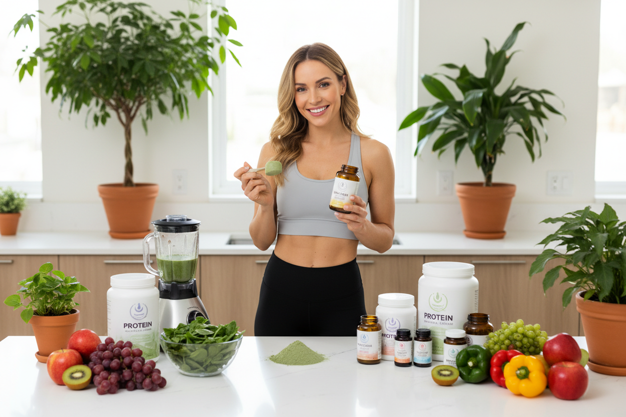 Health supplements & wellness products real image with model